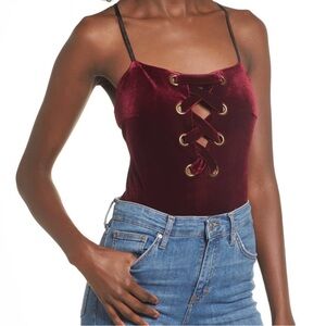 Lush Red Velvet Lace Up Tank Top Bodysuit - Size M